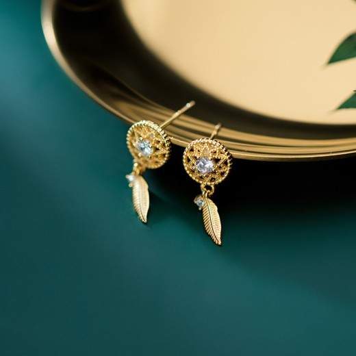 Fashion Small Diamond Mesh Temperament Feather Earrings