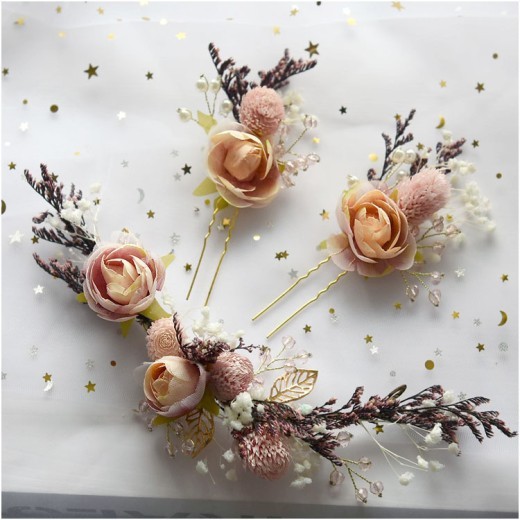 Bride Headwear Dry Flower Rose Three Piece Set Of Stylish Flower Pure Handwoven Hair Accessories