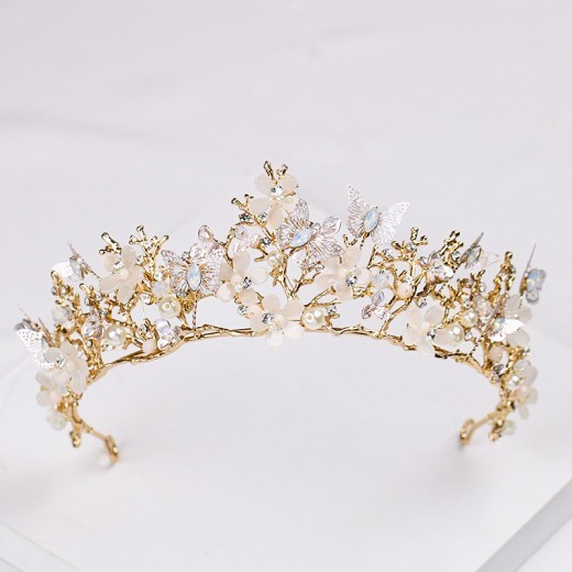 Butterfly Flower Headgear Baroque Crown Headband Golden Wedding Accessories Crystal Crown