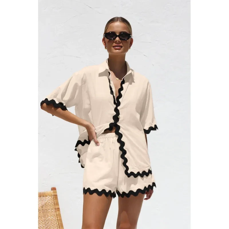 2Pcs Summer Shirt Suit With Short-sleeved V-neck Shirt For Women