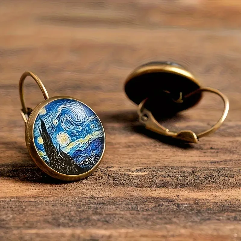 Starry Night Inspired Glass Cabochon Drop Earrings