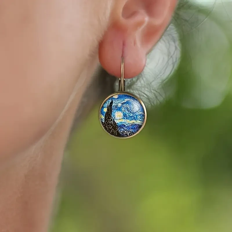 Starry Night Inspired Glass Cabochon Drop Earrings