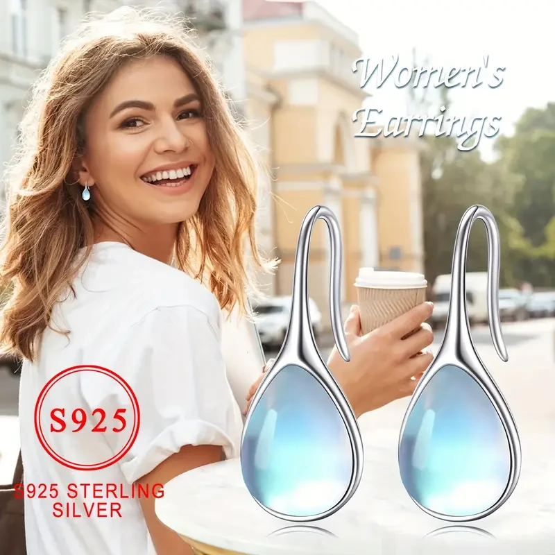 1 Pair Elegant 925 Sterling Silver Teardrop Faux Moonstone Earrings