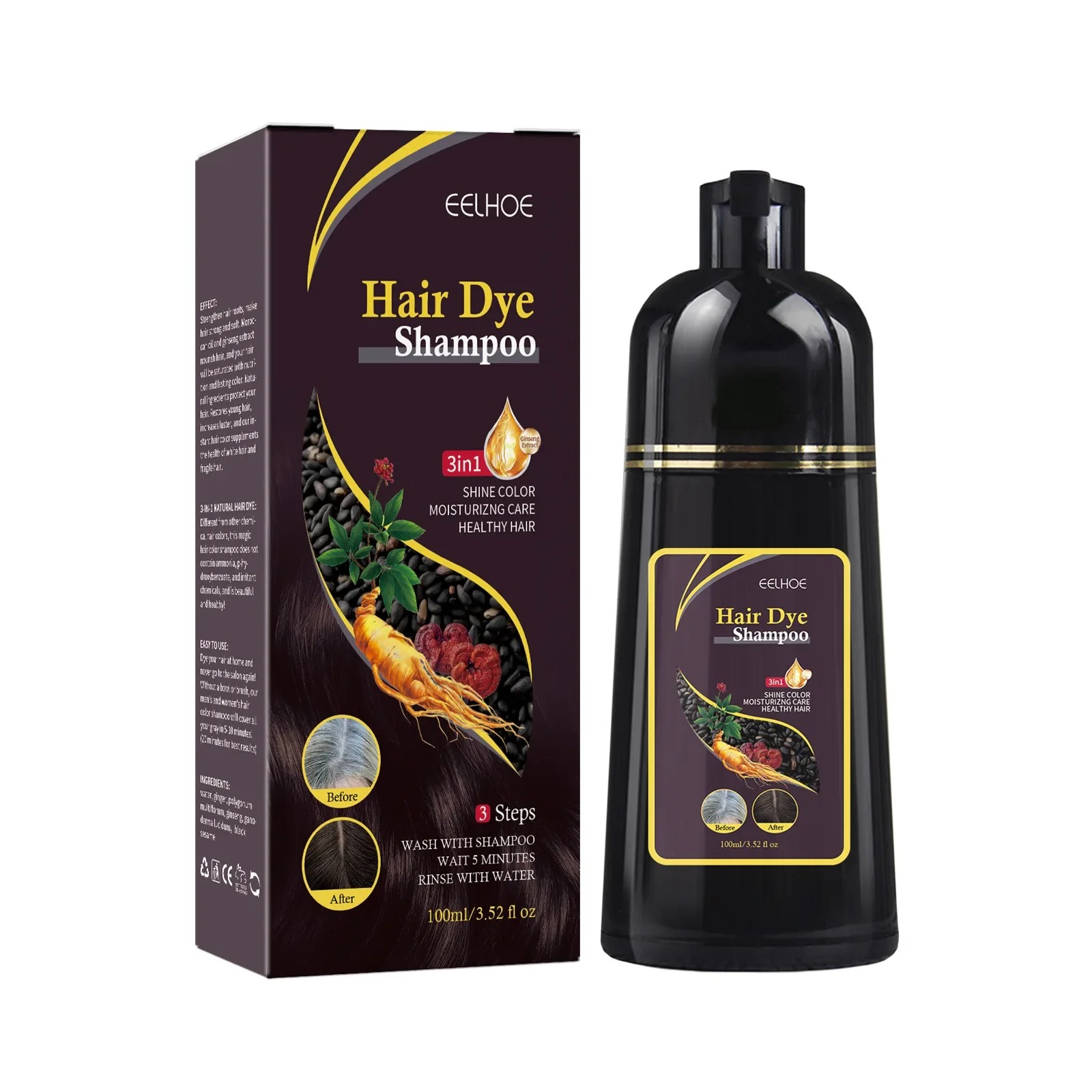 100ml Natural Herbal Hair Dye Shampoo - 3 in 1 Grey Coverage