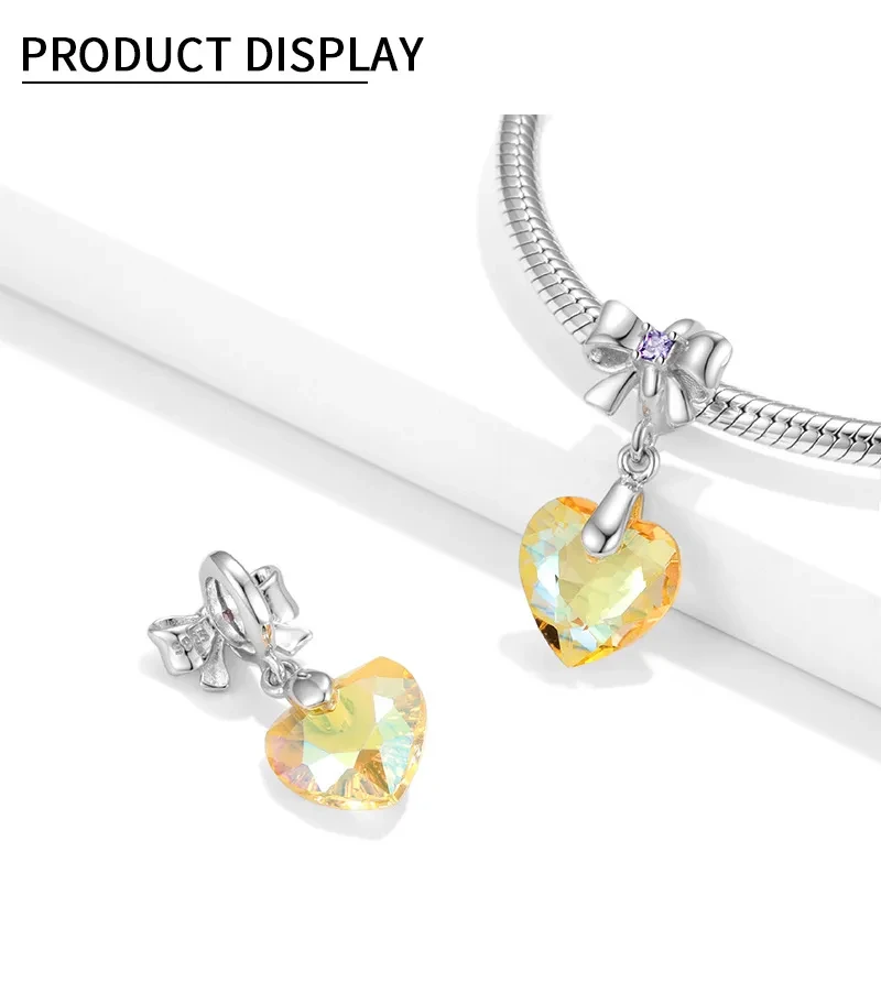 Sunshine Golden Yellow Heart Crystal Pendant Sterling Silver 925 Bow Necklace Bracelet Diy Pendant