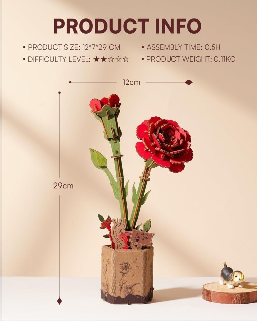 ROlife 3D Puzzle Flowers Bouquet Wooden Craft Model Kits For Adults DIY Eternal Flowers Romantic Gift For Women Men Teens Valentine Day Mother Day Birthday Gift Red Carnation