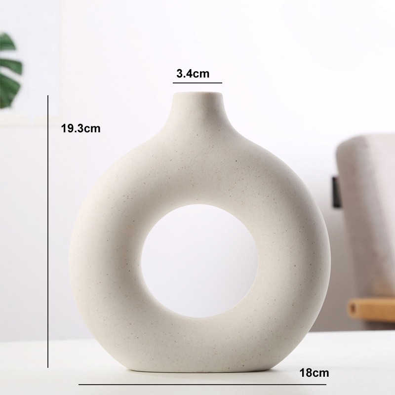 Nordic Circular Hollow Ceramic Donut Vase - Elegant Flower Pot for Home, Living Room, Office, and Desktop Decor