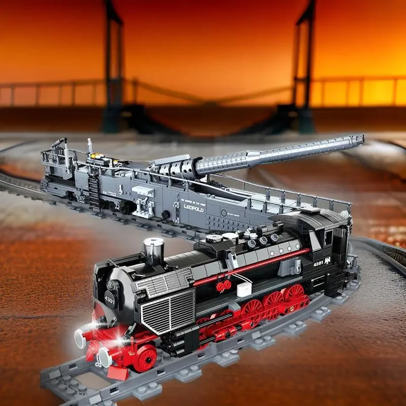 Intricate WWII Era Military Railroad Scene with Detailed Cannon & Locomotive