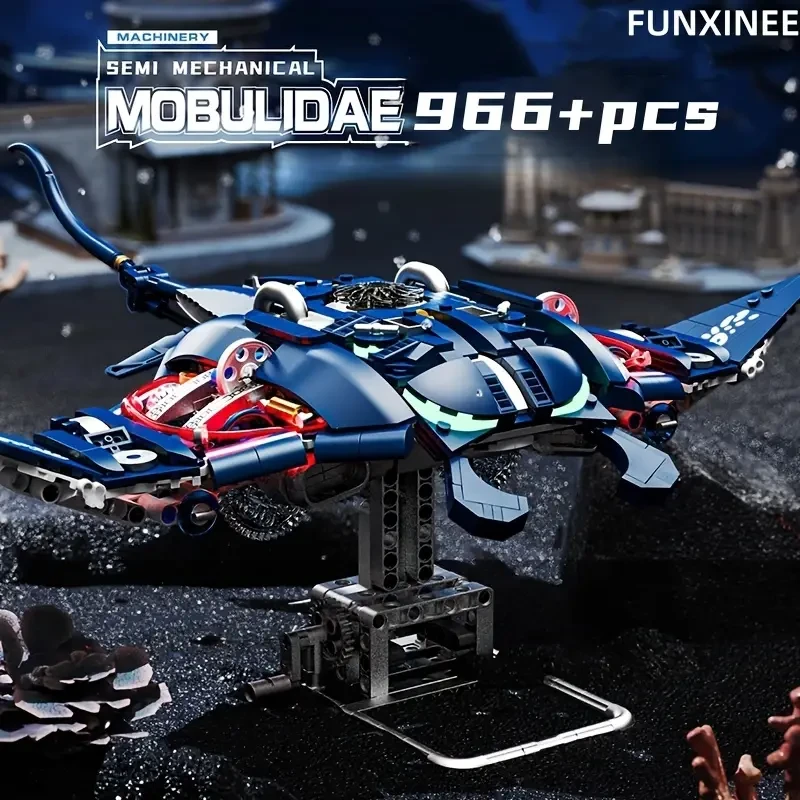 FUNXINEE Technical Mechanical Manta Ray Sea Animal Mobulidae Life Set Display Stand Building Blocks Bricks Creative Model