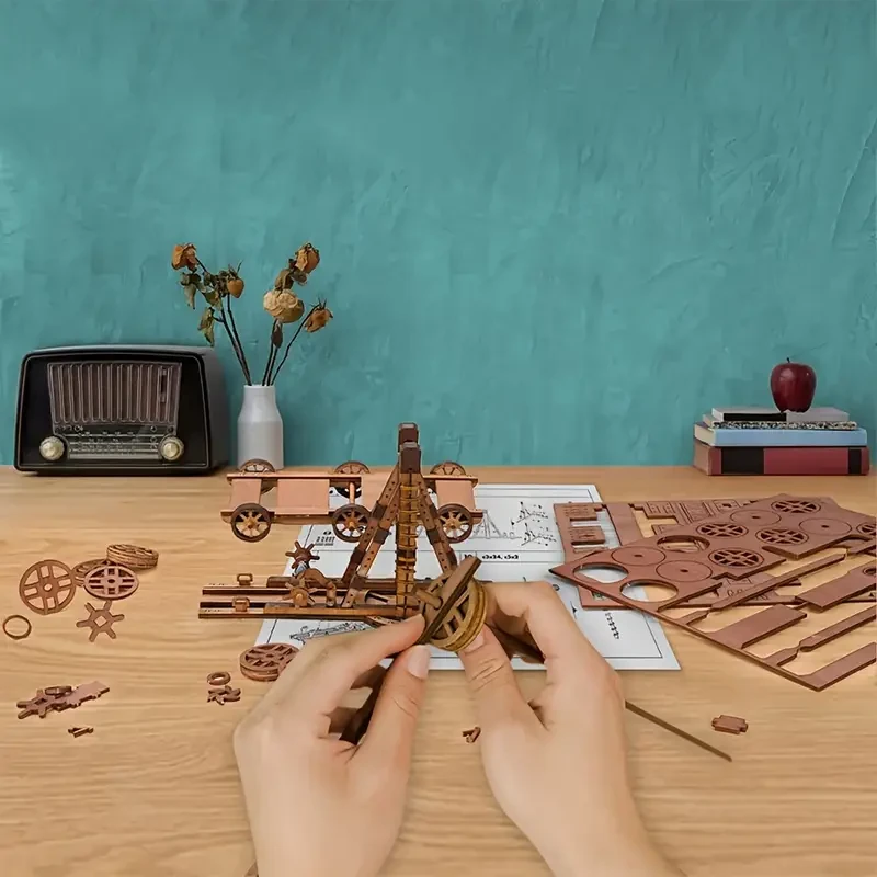 Medieval Siege Catapult Puzzle Toy: 3D Wooden Interactive Model