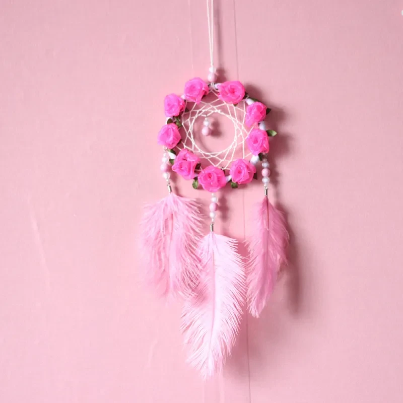 Women's Dreamcatcher Wind Chimes  Pink Ostrich Feather Ornaments with Decorative Lights for Room Decoration