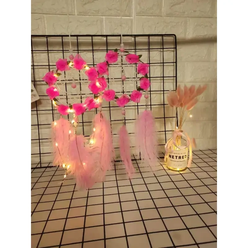 Women's Dreamcatcher Wind Chimes  Pink Ostrich Feather Ornaments with Decorative Lights for Room Decoration