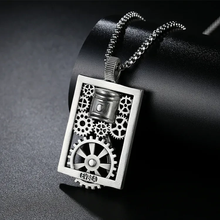 Cutout Square Gear Piston Pendant Necklace