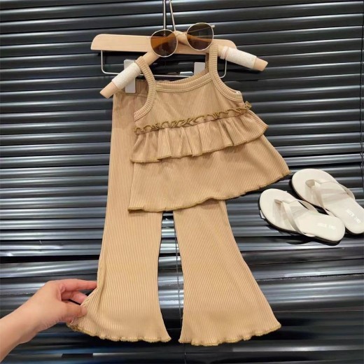 Thin Little Girl Ice Silk Suspender Skirt Bell-bottoms Ankle-length Pants Two-piece Set