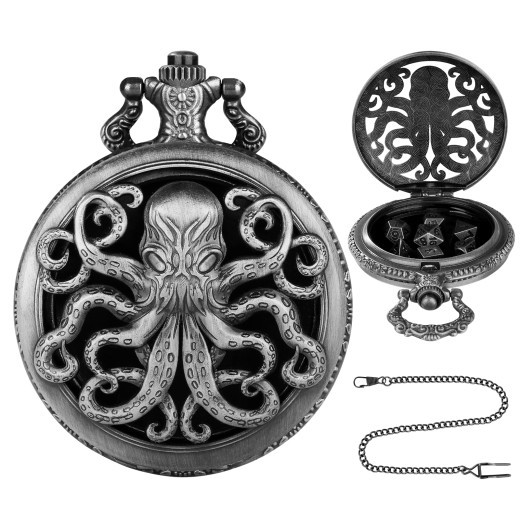 Thick Chain Octopus Symmetrical Pocket Watch Set And Mini DND Dice Set, Equipped With 7 Game Polyhedral Metal Dice Dragons And Dungeon Tabletop Role-playing Game Dice