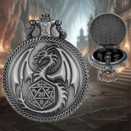 Dragon Pocket Watch Set With Thick Chain And Mini DND Dice Set Equipped With 7 Game Polyhedral Metal Dice Dragon And Dungeon Tabletop Role-playing Game Dice