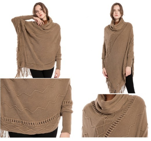 Acrylic Fringed Sweater High Collar Warm Sleeve Pullover Cloak