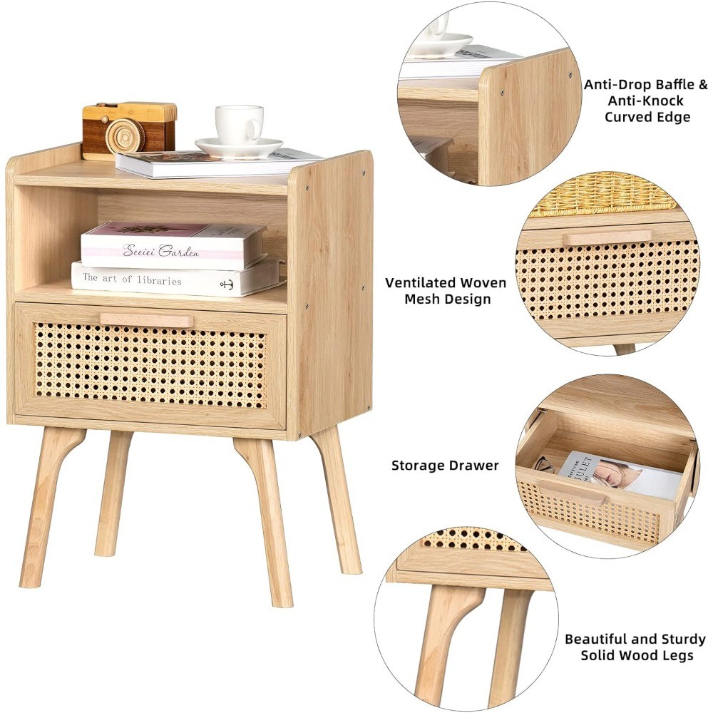 Rattan Nightstands Set of 2 - Cane Accent Bedside End Table with Solid Wood Legs for Bedroom, Dorm, and Small Spaces