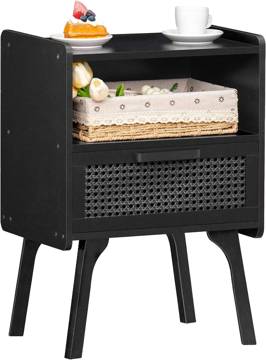 Rattan Nightstands Set of 2 - Cane Accent Bedside End Table with Solid Wood Legs for Bedroom, Dorm, and Small Spaces