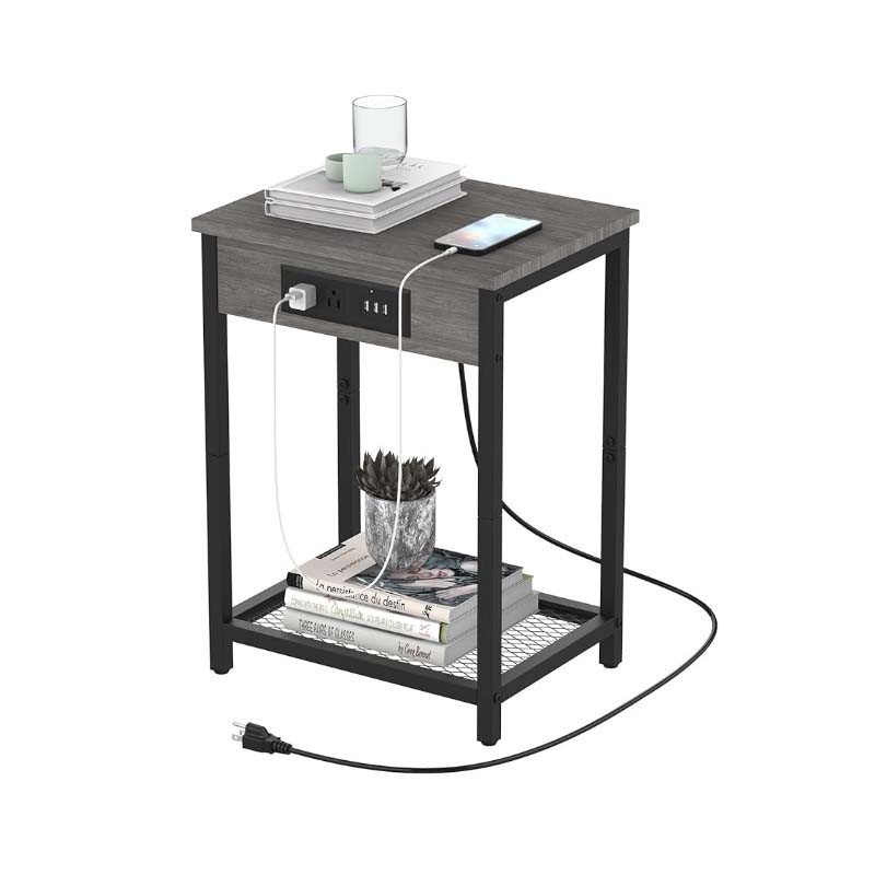 Modern Nightstand with Charging Station - Bedroom End Side Table with USB Ports and Outlets, 2-Tier Bedside Table, Record Player Stand