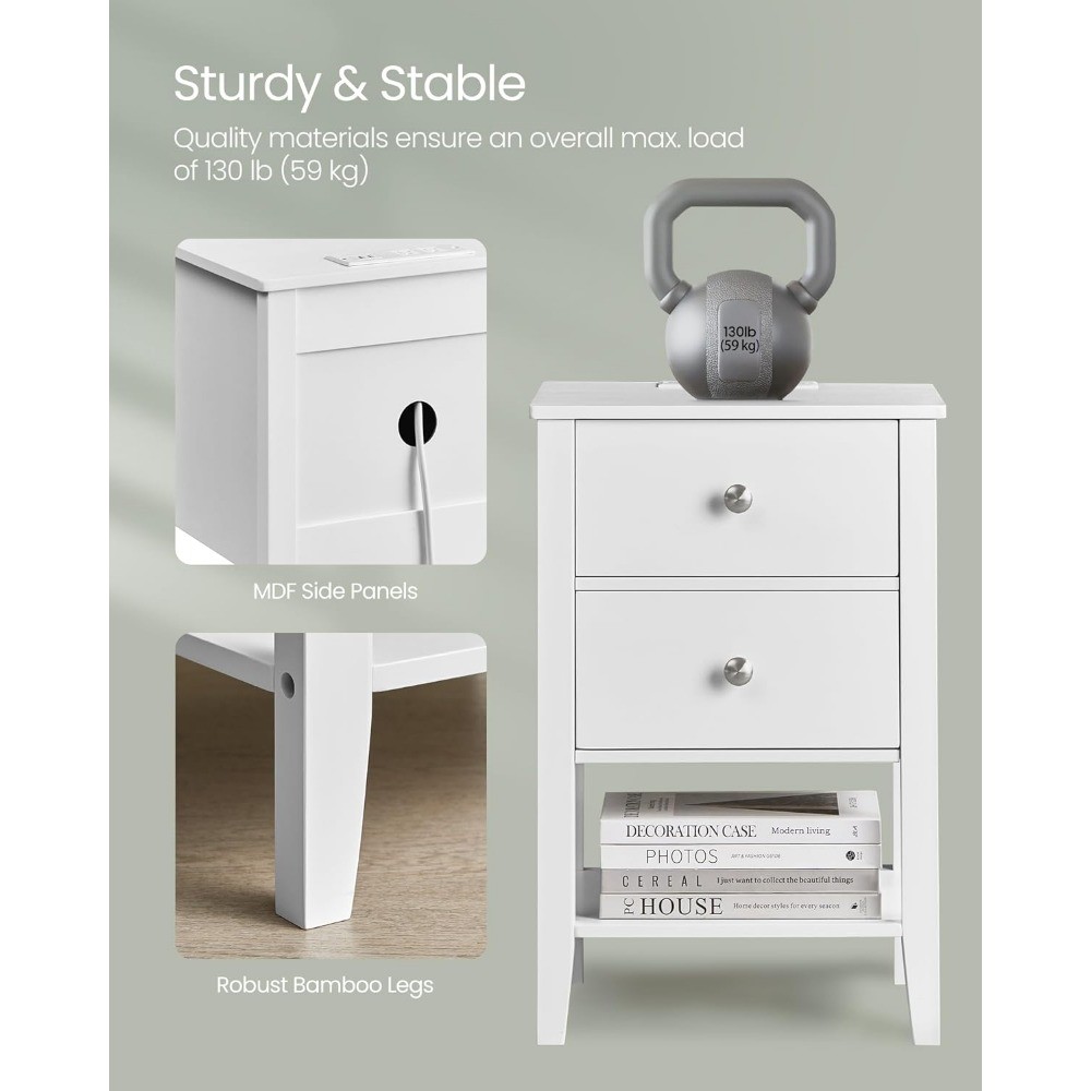 Nightstand with Charging Station - Bedside Table with 2 Drawers, Side End Table with Open Shelf, 2 USB-A Ports, and 2 Outlets