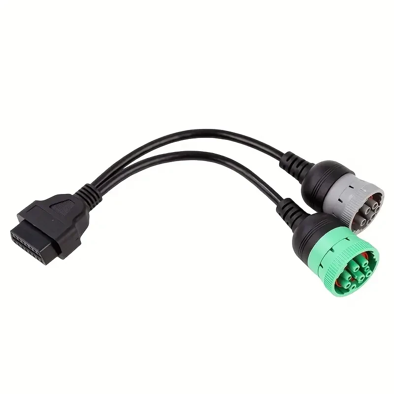 9-Pin OBD to Type 2 Green Split Y Cable for Diesel Truck Diagnostics