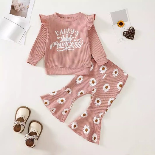 Baby Girl Cute Long Sleeve Sunken Stripe Top Flower Print Trousers Two-piece Set
