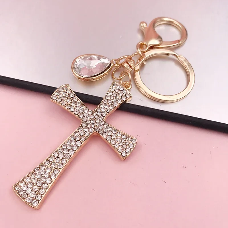 Hot Sale Christian Water Drop Diamond Cross Keychain Metal Pendant Female Bag Accessories