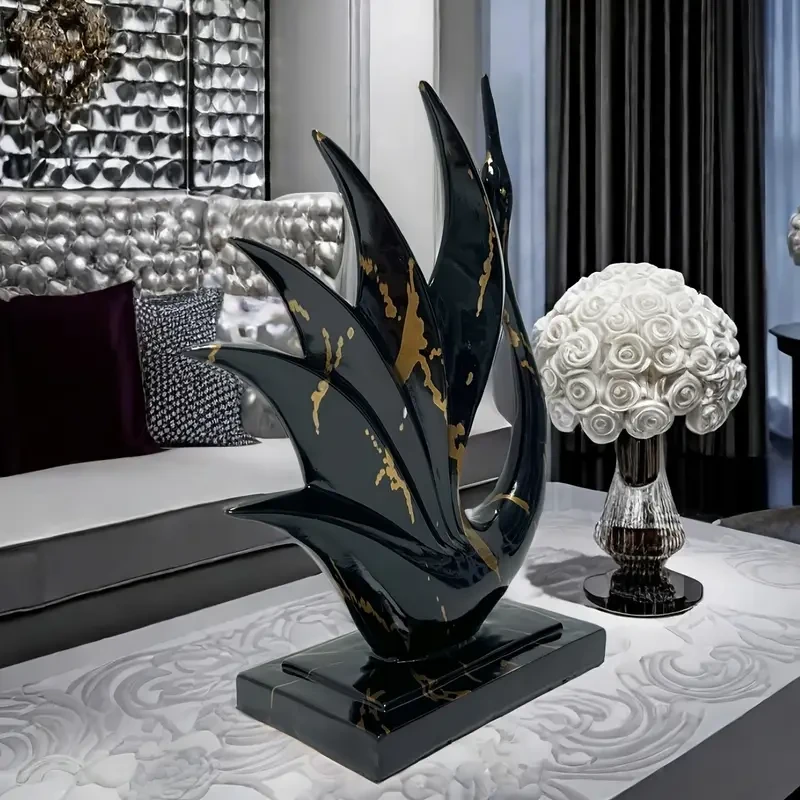 The Black Golden Elegant Dancing Swan Resin Statue