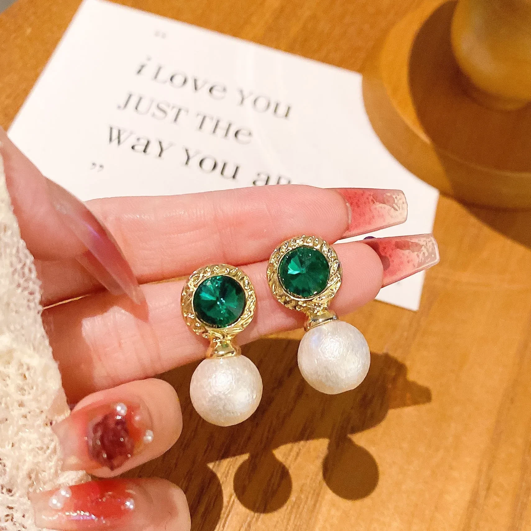 Emerald Rhinestone Pearl Stud Earrings For Women SKU: CJST234431501AZ Lists: 0
