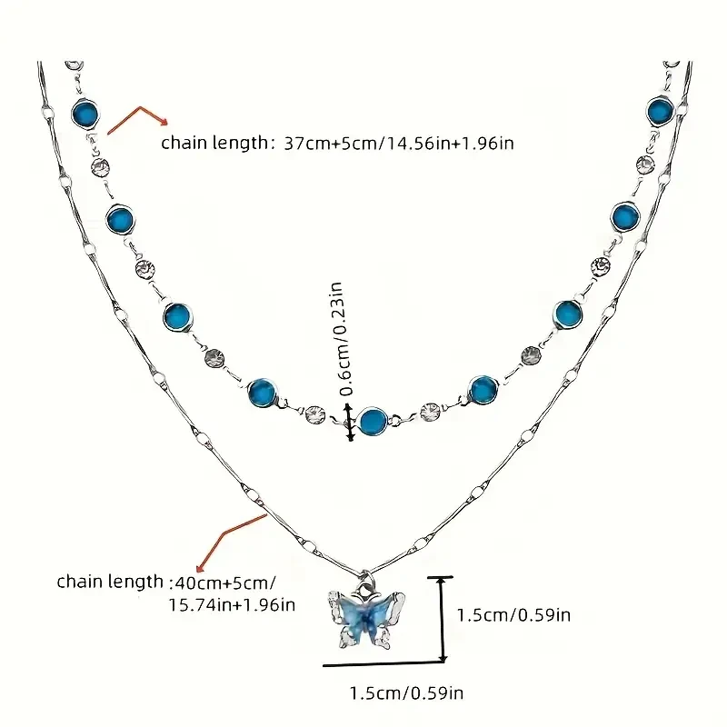 Double-Layer Blue Butterfly Necklace Set | 2pcs Geometric & Pendant Collarbone Chains for Women | Y2K Soft Girl Aesthetic Jewelry