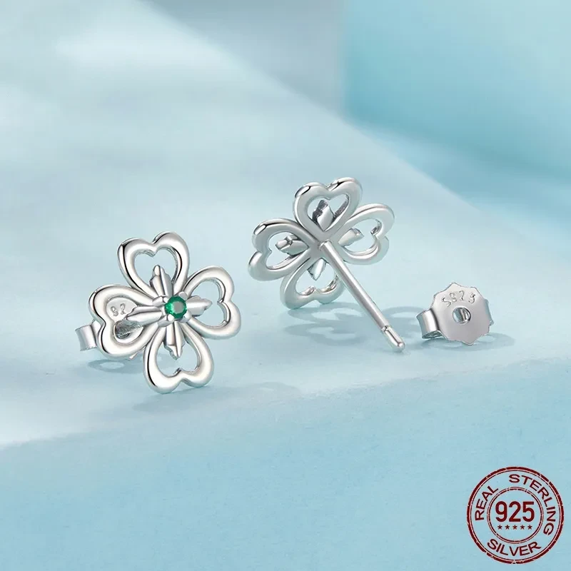 Lucky Four-Leaf Clover Stud Earrings Sterling Silver Plant