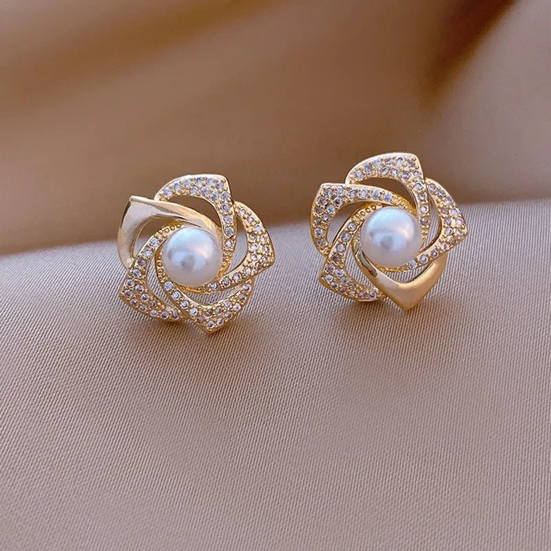 Women's Diamond Rose Pearl Earrings New Niche