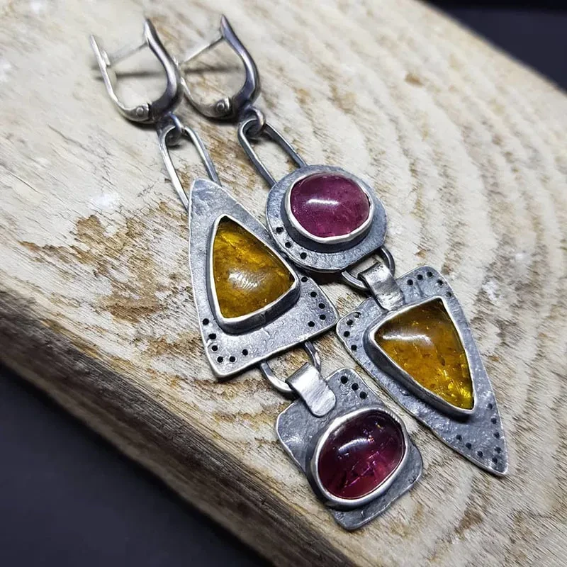 Hecheng Retro Geometric Triangle Metal Pendant Earrings Purple Orange Asymmetric Earrings Women's Retro Jewelry Gift Cross