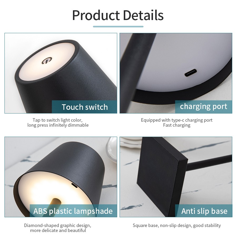 LED Desk Lamp - USB Rechargeable Table Lamp, Wireless Touch Lamp, Waterproof LED Light for Bar, Restaurant, Hotel, Bedroom Ambiance