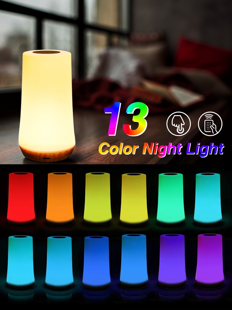 LED Night Light - 13 Color Changing RGB Table Lamp with Remote Control and Touch, Rechargeable Dimmable Bedside Light