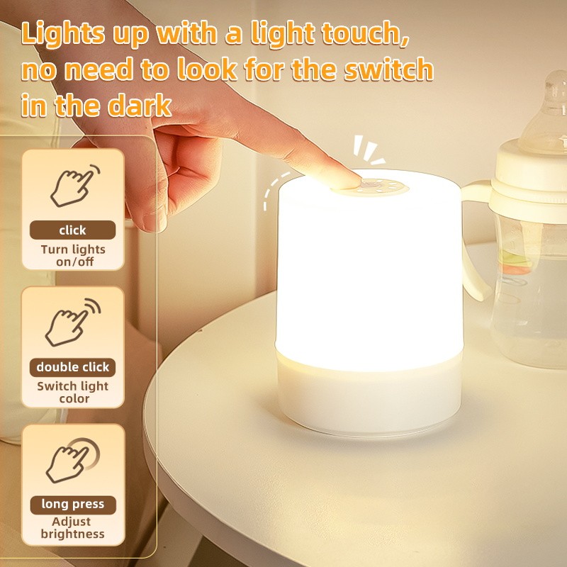 USB LED Night Lamp - Rechargeable Table Lamp with Switch, Three Colors Lights, Touch Night Light for Kitchen, Hallway, Closet, Bedroom, Home