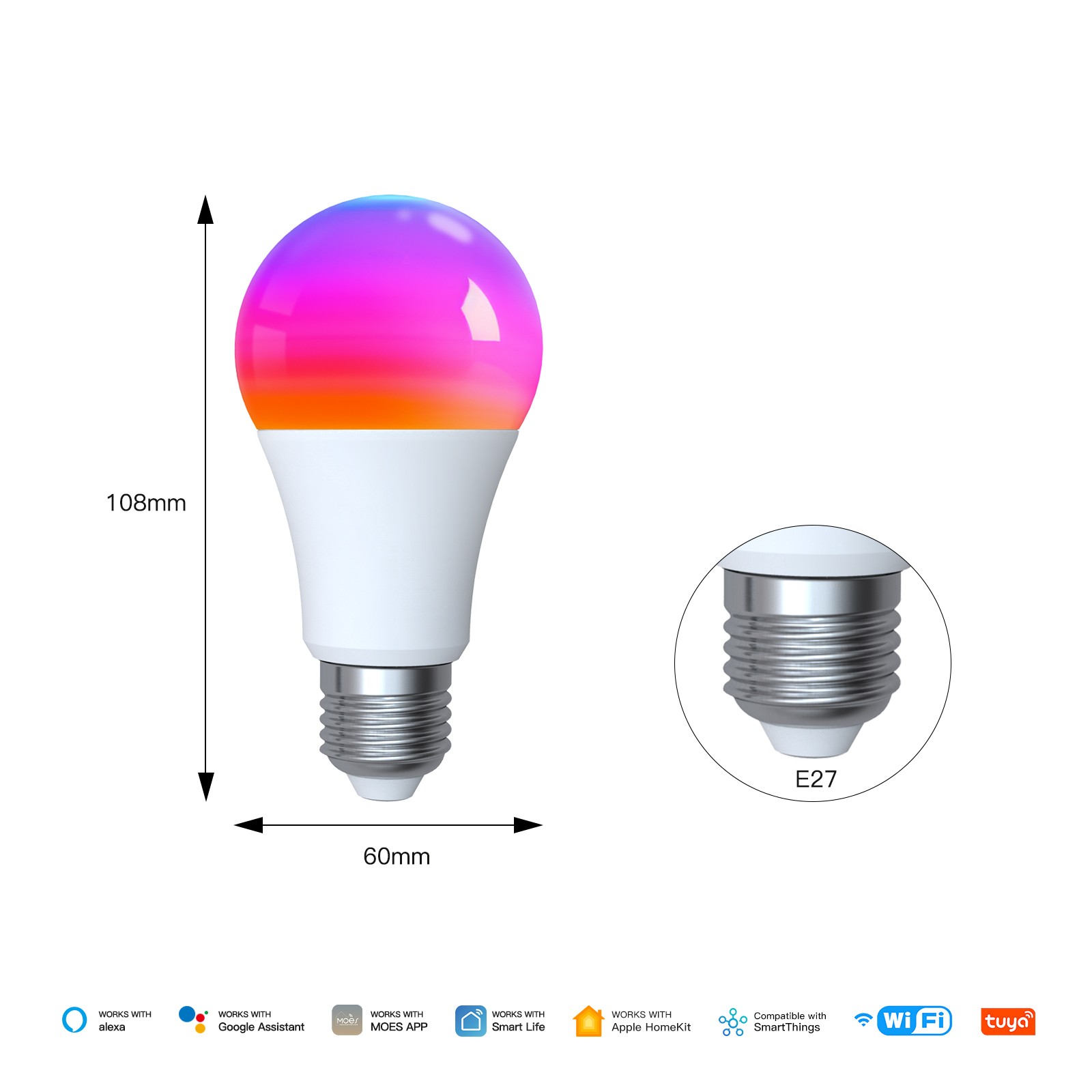 MOES Tuya Matter WiFi Smart Bulb - Dimmable LED Light with 16 Million RGB Colors, E27 Bubble Light, Voice Control via Alexa and Google Home