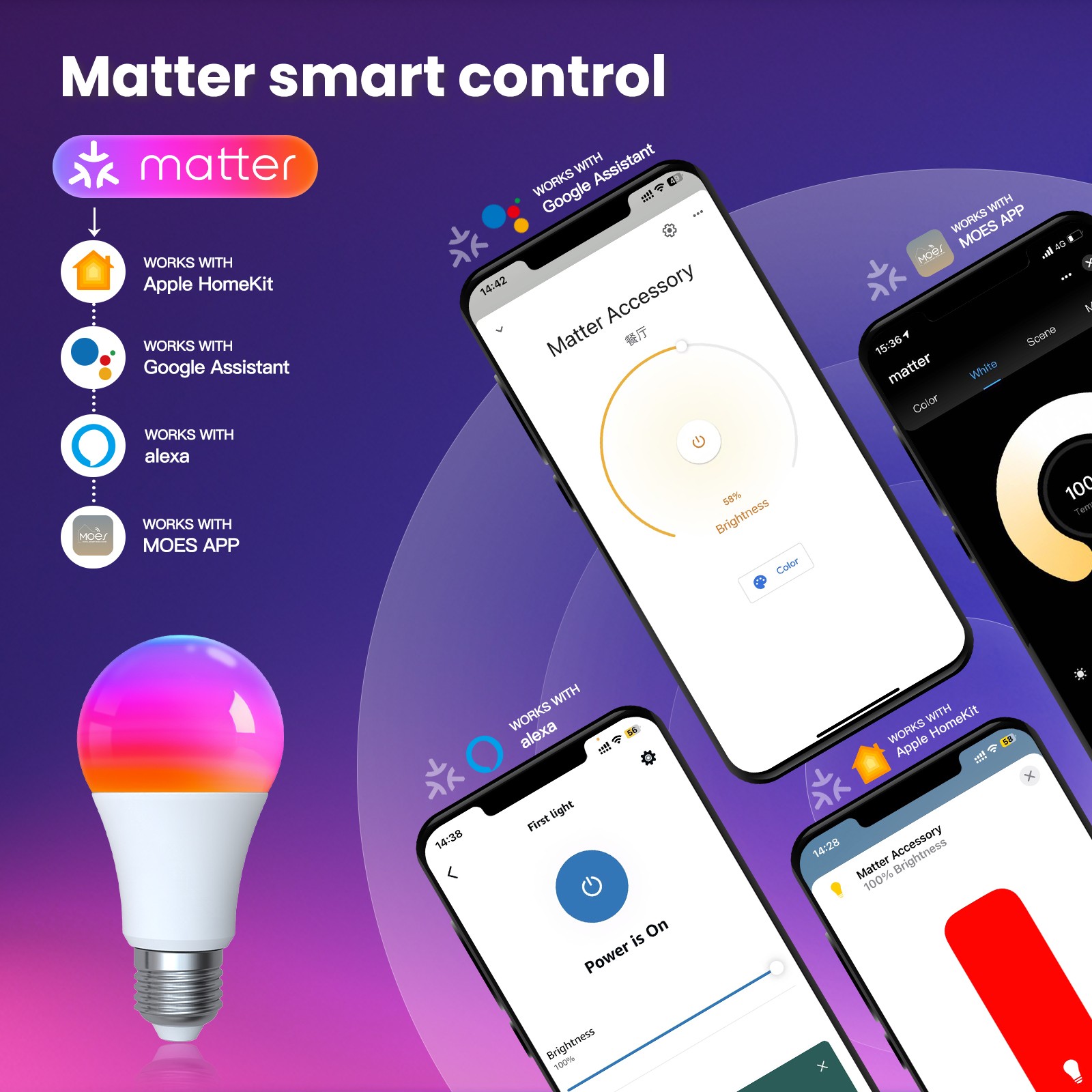 MOES Tuya Matter WiFi Smart Bulb - Dimmable LED Light with 16 Million RGB Colors, E27 Bubble Light, Voice Control via Alexa and Google Home