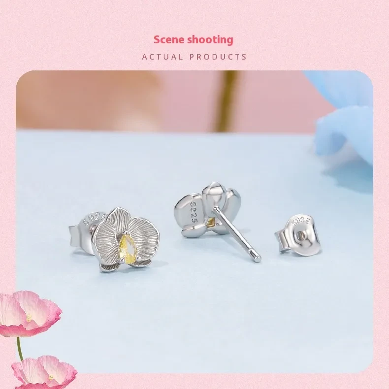 Sterling Silver White Gold Plated Phalaenopsis Stud Earrings