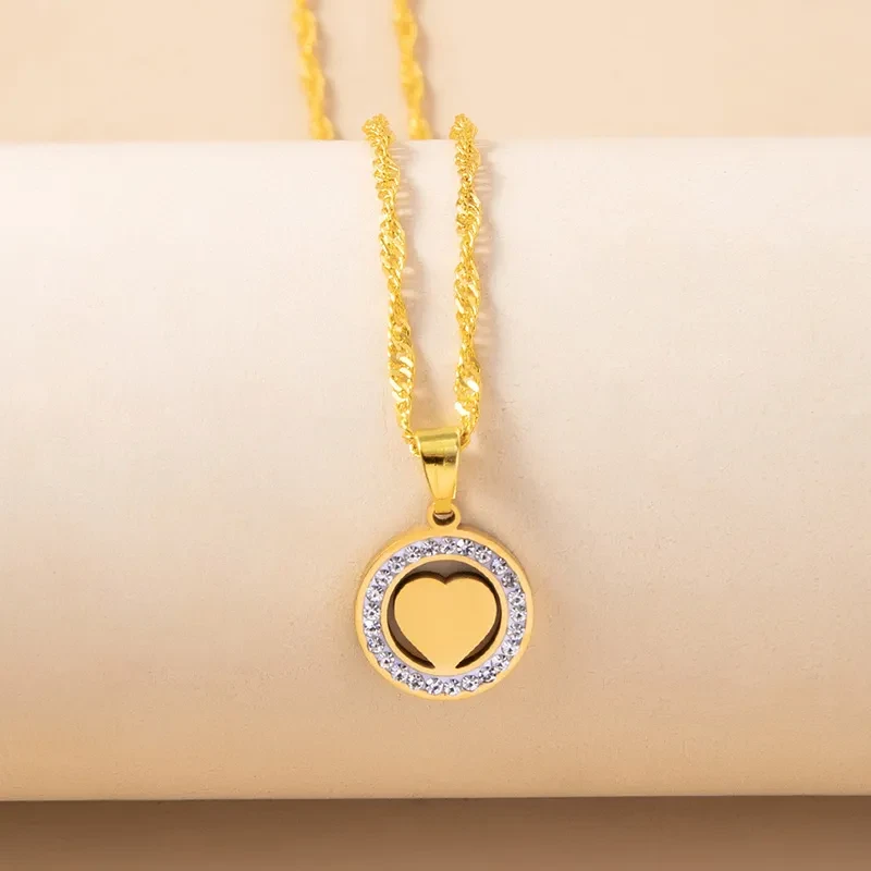 Rhinestone Hollow Round Heart Pendant Necklace