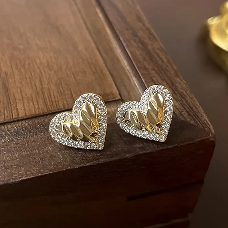 Fashion Pleated Heart-shaped Zircon Silver Pin Earrings Geometric Advanced