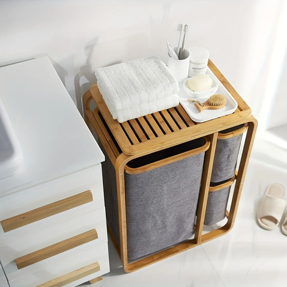 Natural Bamboo 2 Tier Storage Rack With 2+1 Fabric Drawers