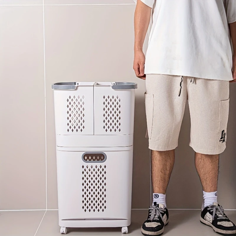 Modern Plastic Laundry Hamper with Dual Compartments and Pull-Out Drawer