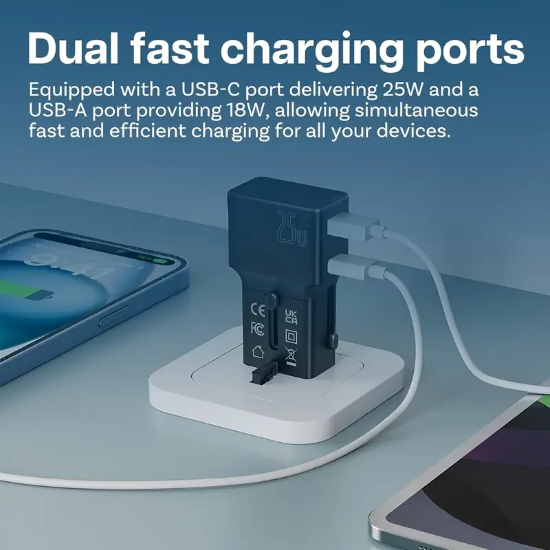 SOOPII 25W International Travel Power Adapter with USB-C & USB-A Ports