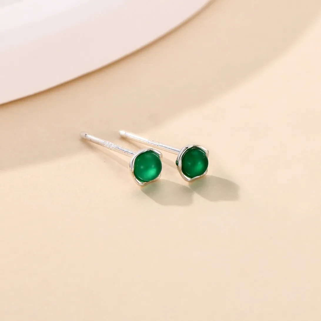Pure Silver Green Agate Square Stud Earrings For Women