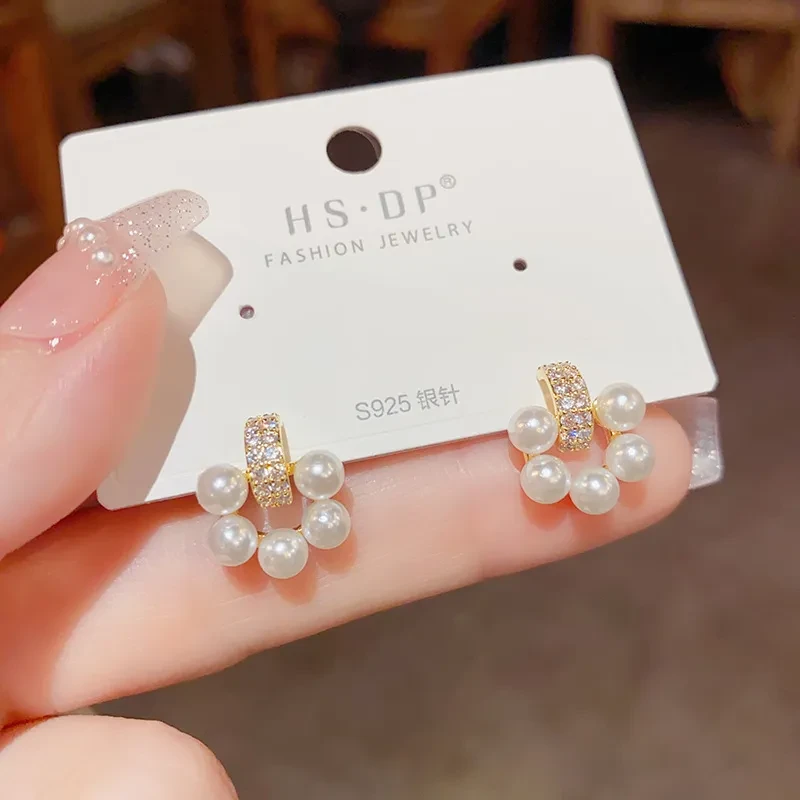 Niche Design Micro Inlaid Pearls Zircon Stud Earrings For Women