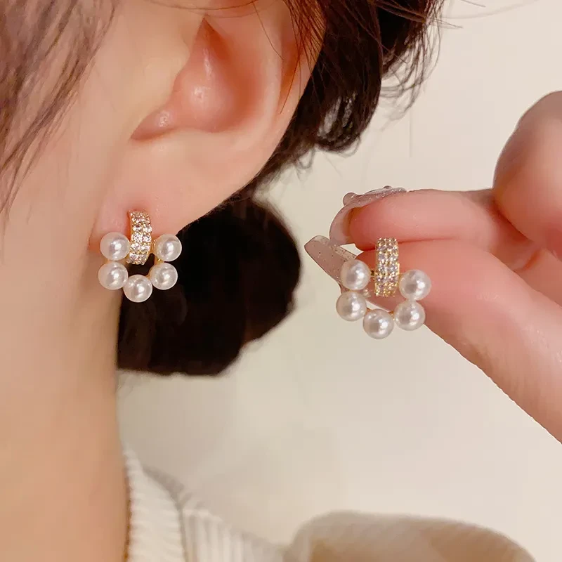 Niche Design Micro Inlaid Pearls Zircon Stud Earrings For Women