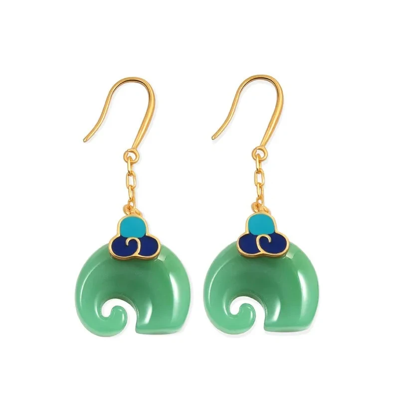 Niche Cold Enamel Xiangyun Elephant Hetian Jade Vintage Style Earrings