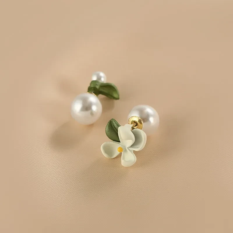 Super Fairy Mori Style Asymmetric Flower Pearl Stud Earrings